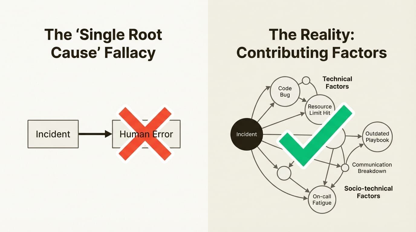 A comparison infographic illustrating the difference between a single root cause and multiple contributing factors in the Docs Later Postmortem Pattern.