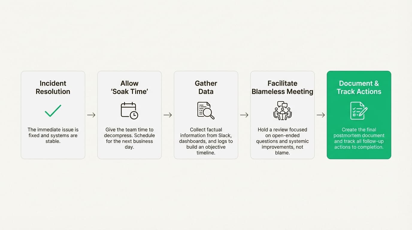 A workflow diagram showing the five steps of the blameless Docs Later Postmortem Pattern, from incident resolution to tracking action items.