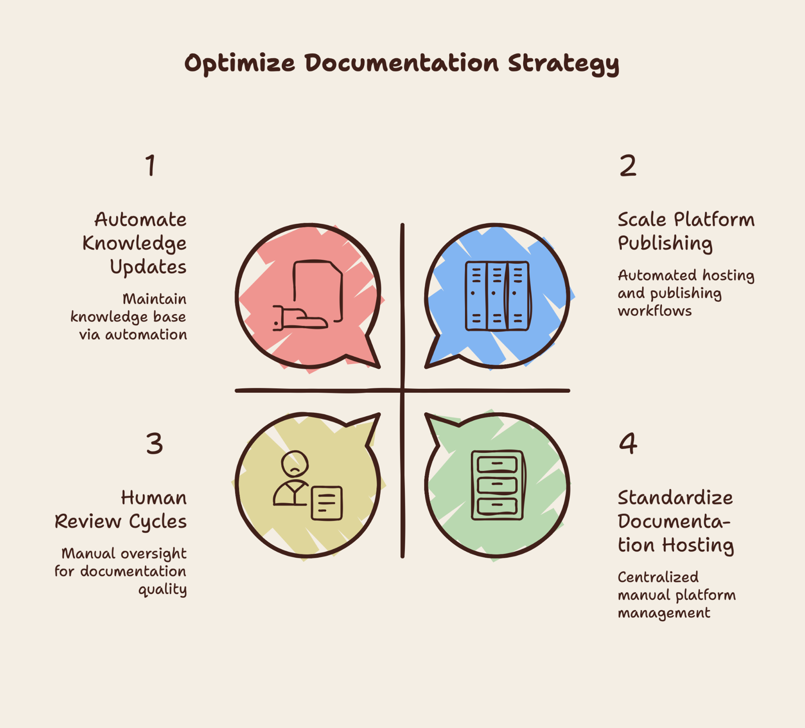 Optimize Documentation Strategy four-quadrant diagram numbering automate knowledge updates, scale platform publishing, human review cycles, and standardize documentation hosting