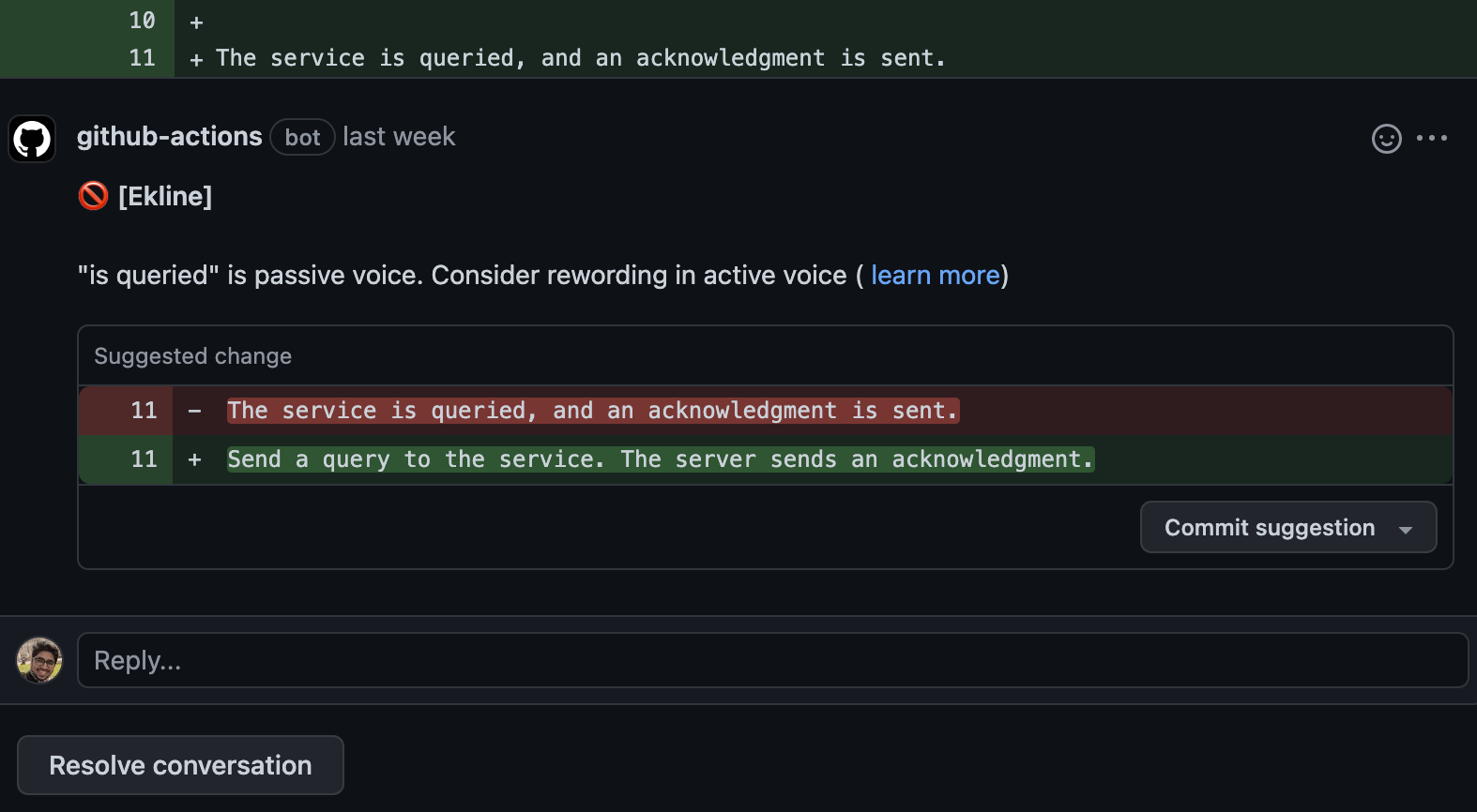 Github Action showing a comment with a suggestion